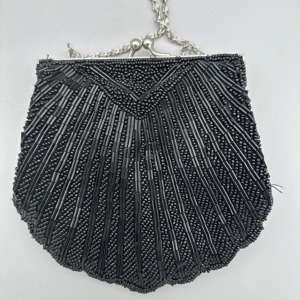 Apt. 9 Black Beaded Evening Clutch Purse Shell Design Kiss Lock Vintage Style 6